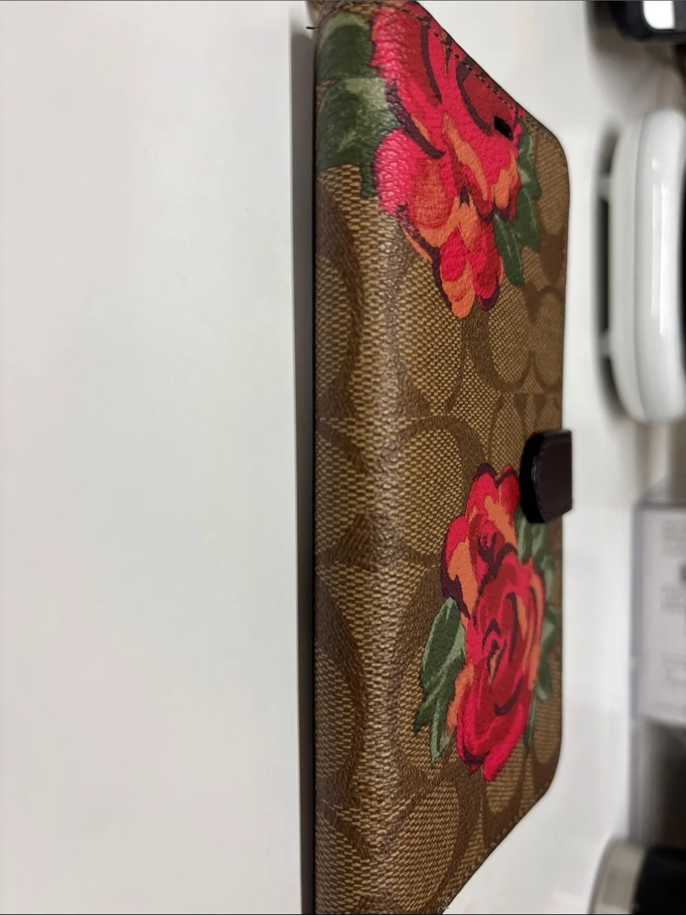 Coach Brown Signature Canvas Phone Wallet Case with Red Floral Print